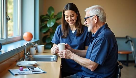 Occupational therapy assistant helping elderly patient regain independence with daily activities